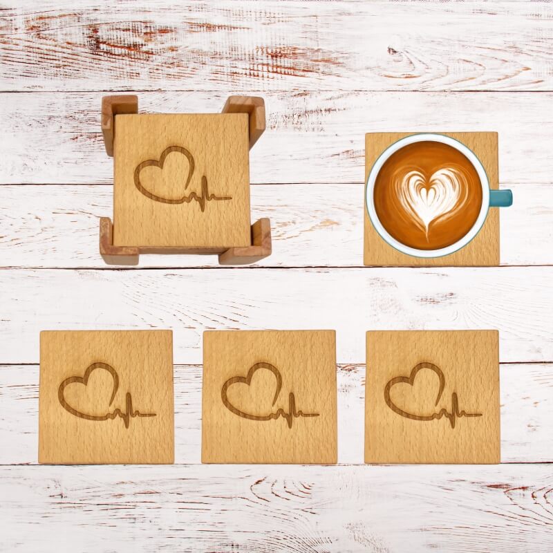 Handcrafted Beech Wood Cup Coaster Set(6 pieces) with Heart Line Engraving