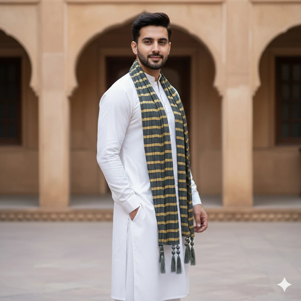 Green & Mustard Gold Silk Dupatta