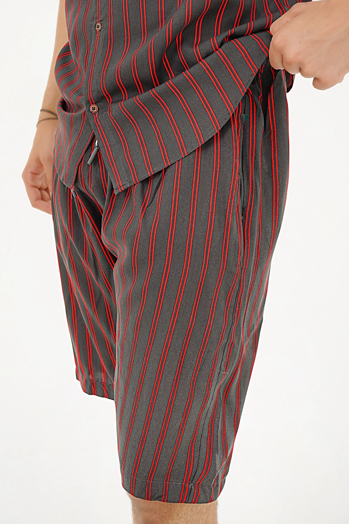 Islander Crimson Wave Stripe Shirt & Shorts Set For Men (A007)