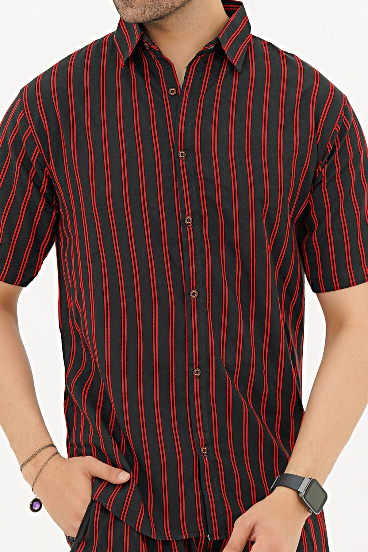Islander Crimson Wave Stripe Shirt & Shorts Set For Men (A007)