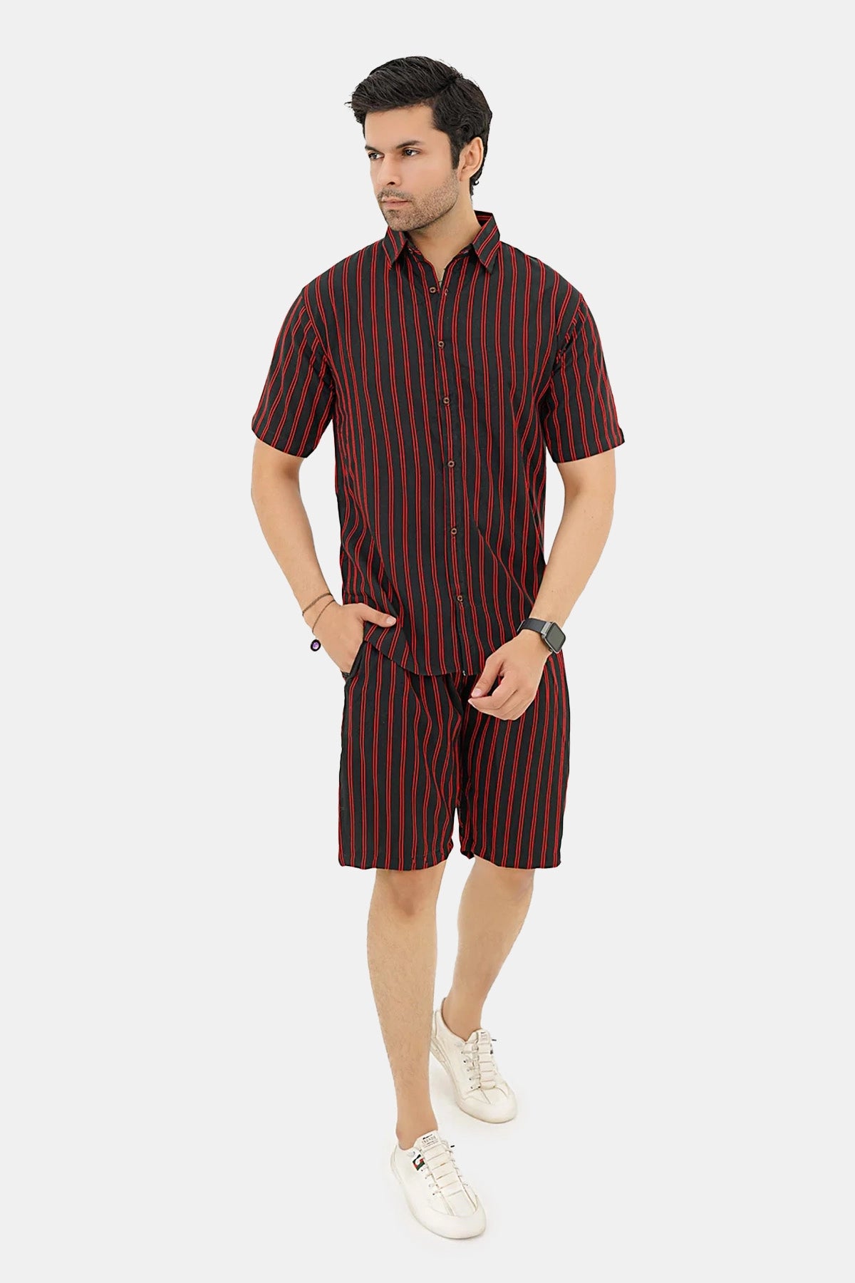 Islander Crimson Wave Stripe Shirt & Shorts Set For Men (A007)