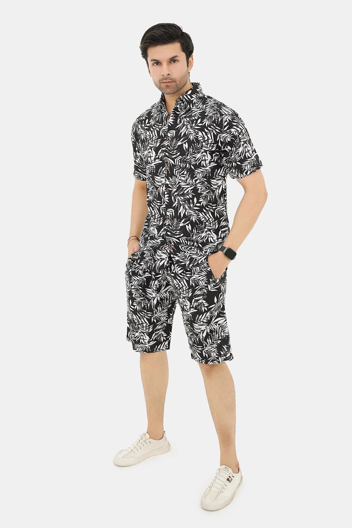 Islander Monochrome Leafstorm Shirt & Shorts Set For Men (A003)
