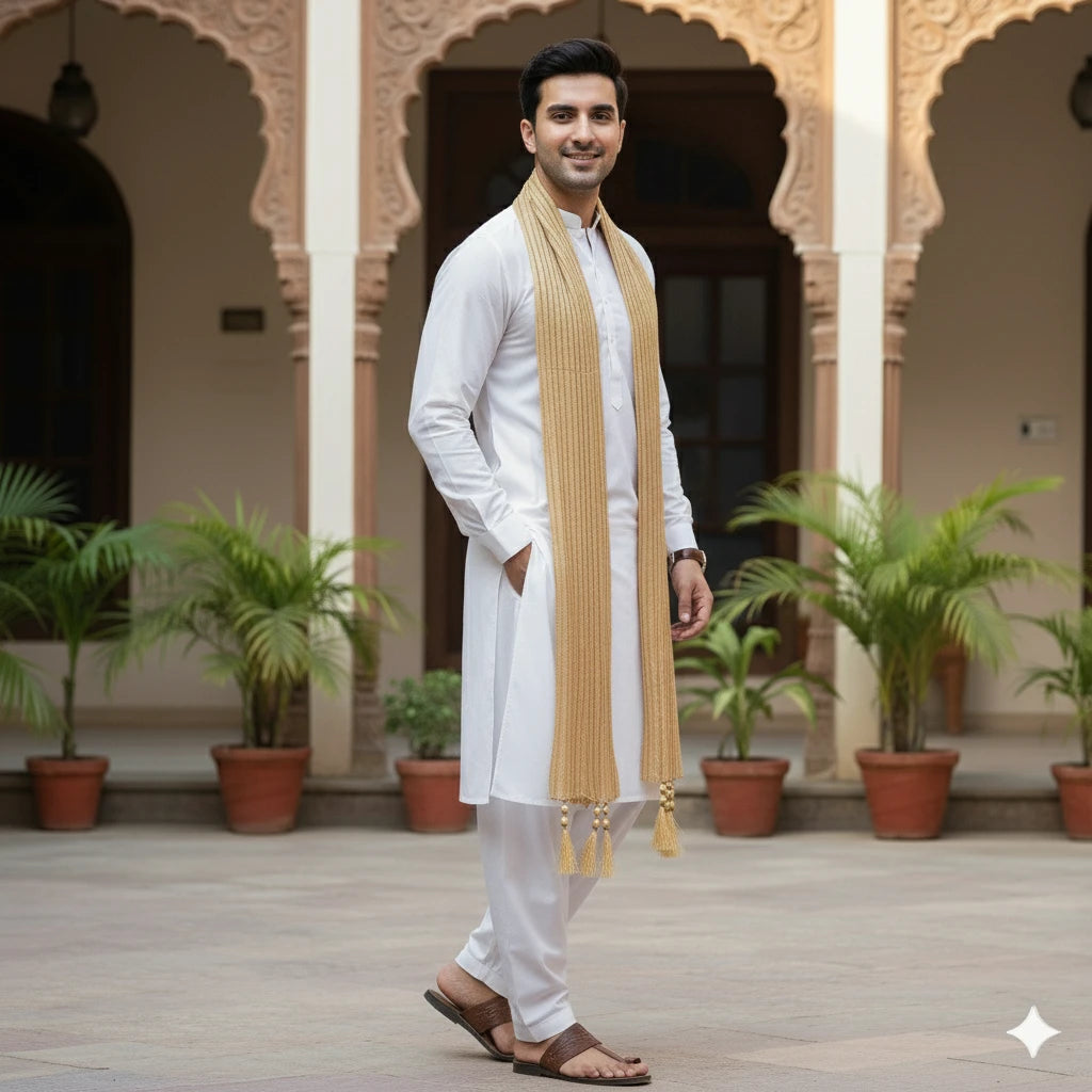 Light Cream & Golden Silk Dupatta