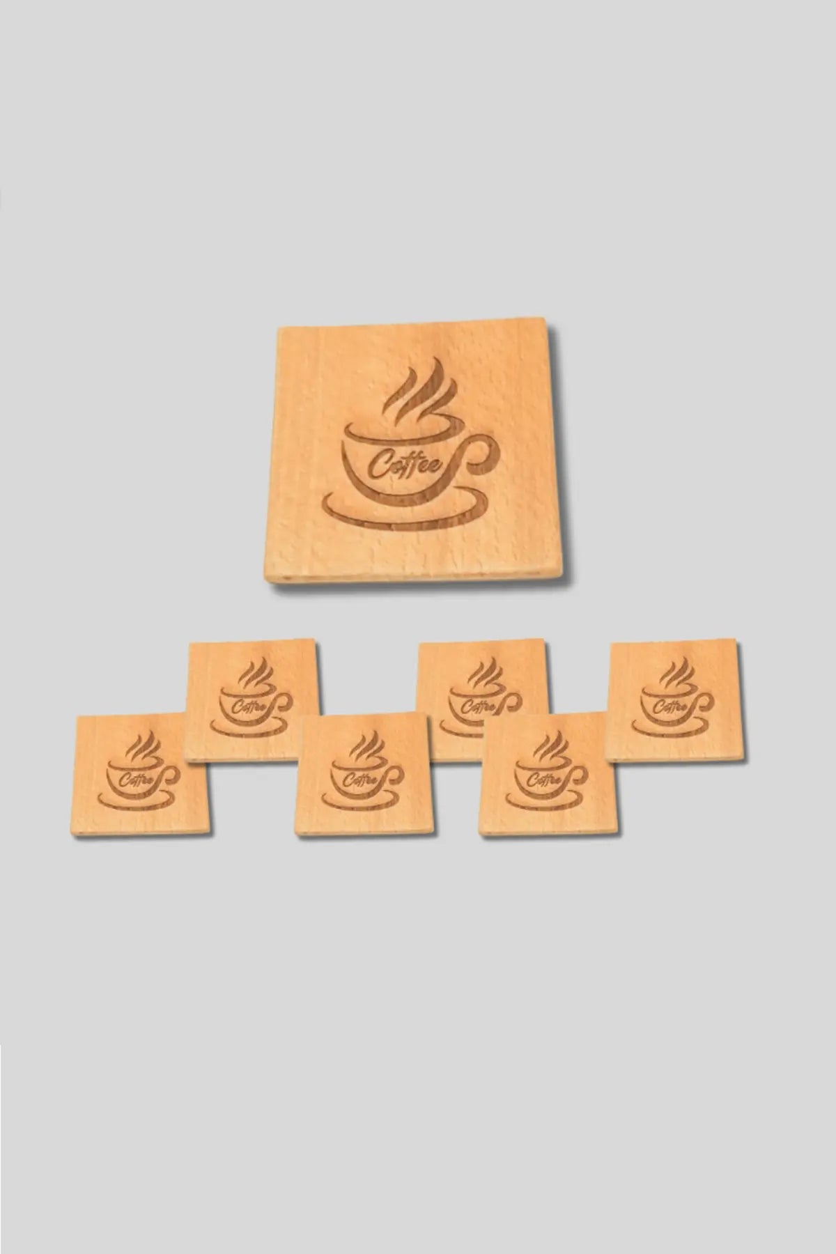 Imported Solid Beechwood Cup Coaster Engraved with Coffee Cup Design (set of 6 pieces)