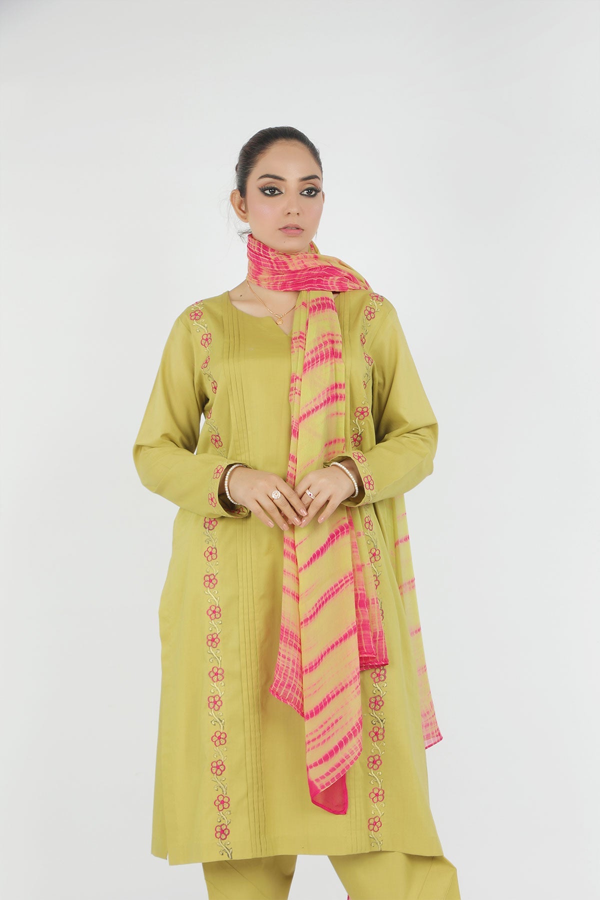 Pure Cotton Embroidered 3-Piece  Set with Multi-Color Chiffon Dupatta. - Open Market Pakistan