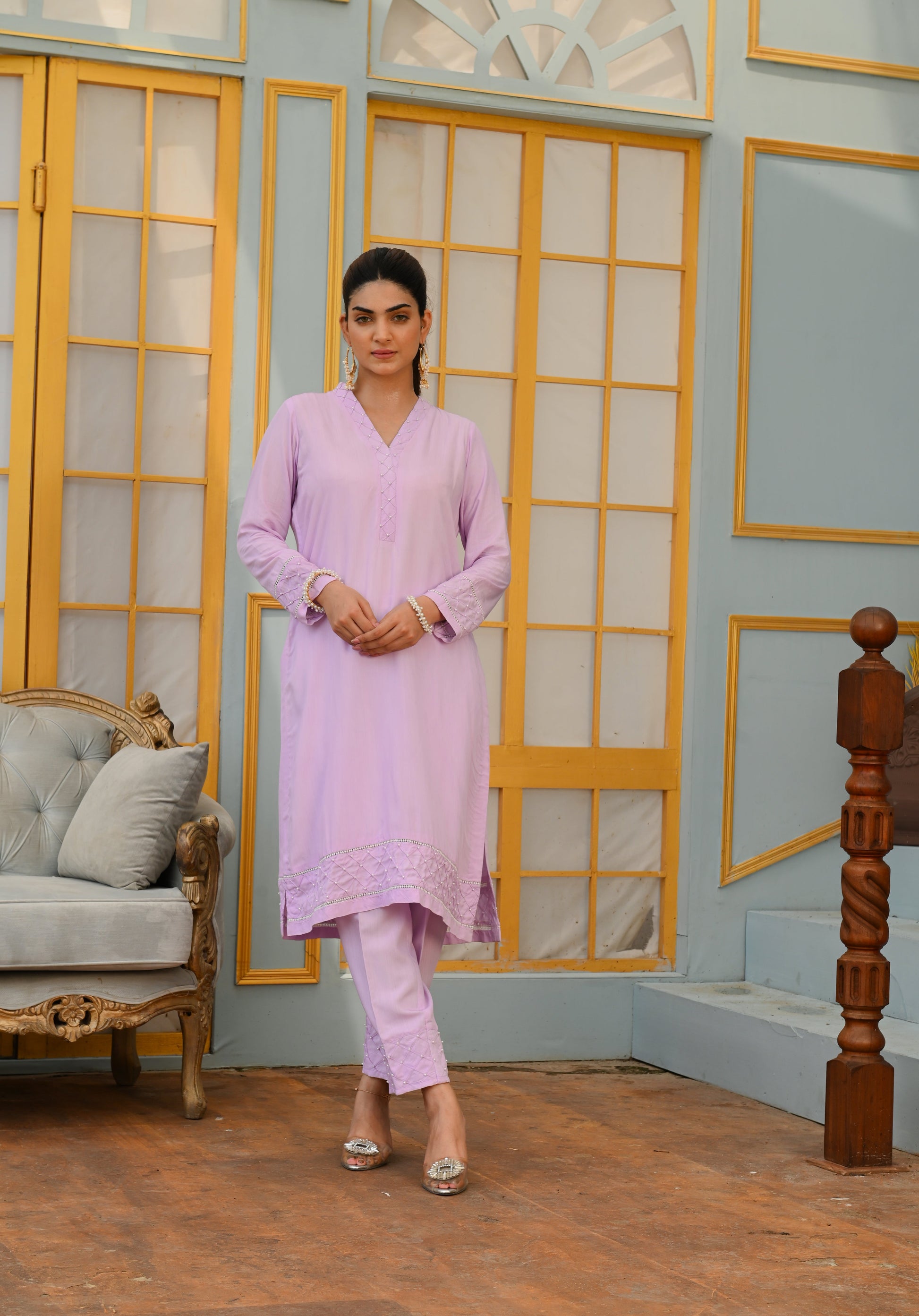 Sweet Purple Dress with Pearl Embellishments and Matching Trouser - Open Market Pakistan