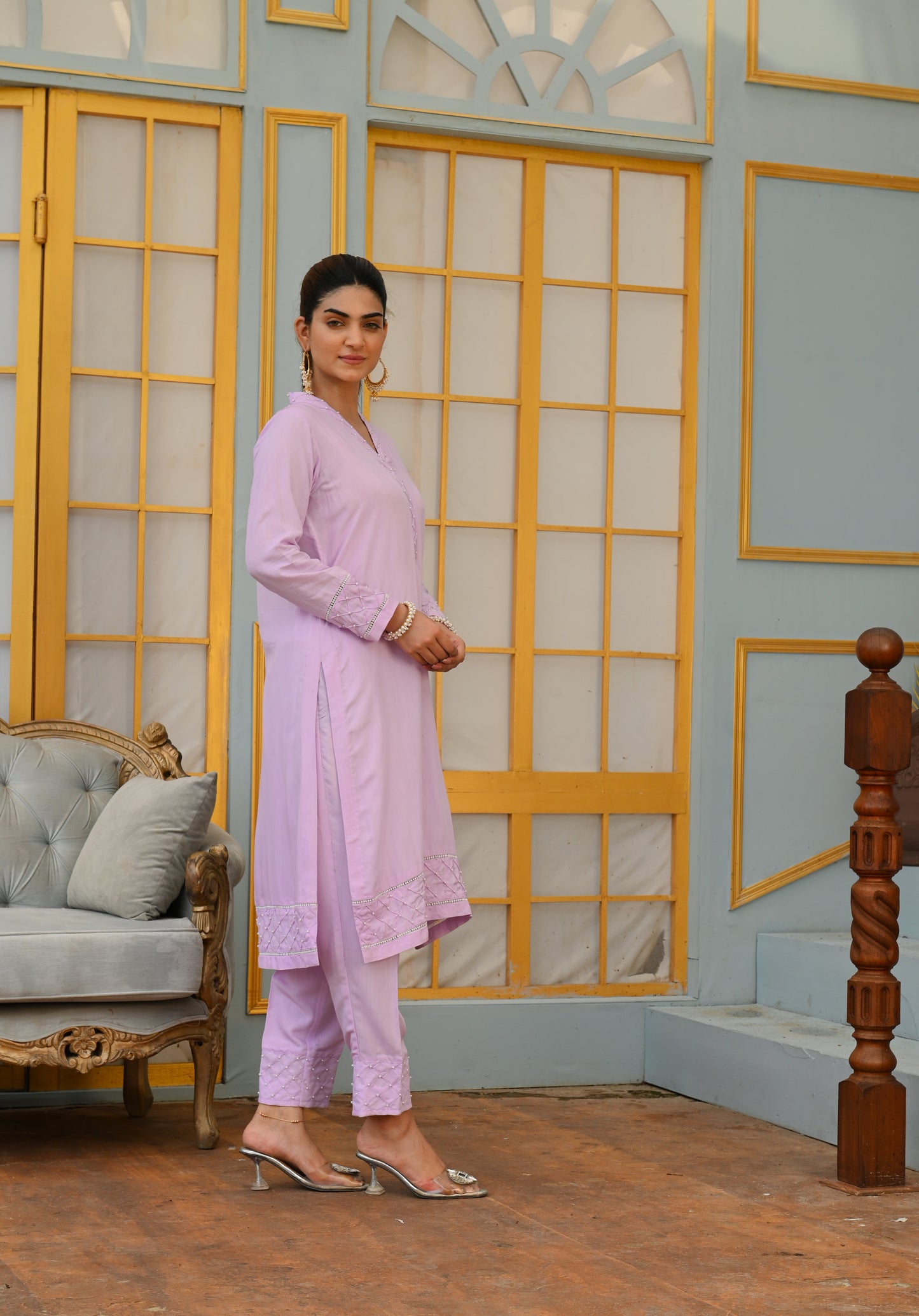 Sweet Purple Dress with Pearl Embellishments and Matching Trouser - Open Market Pakistan