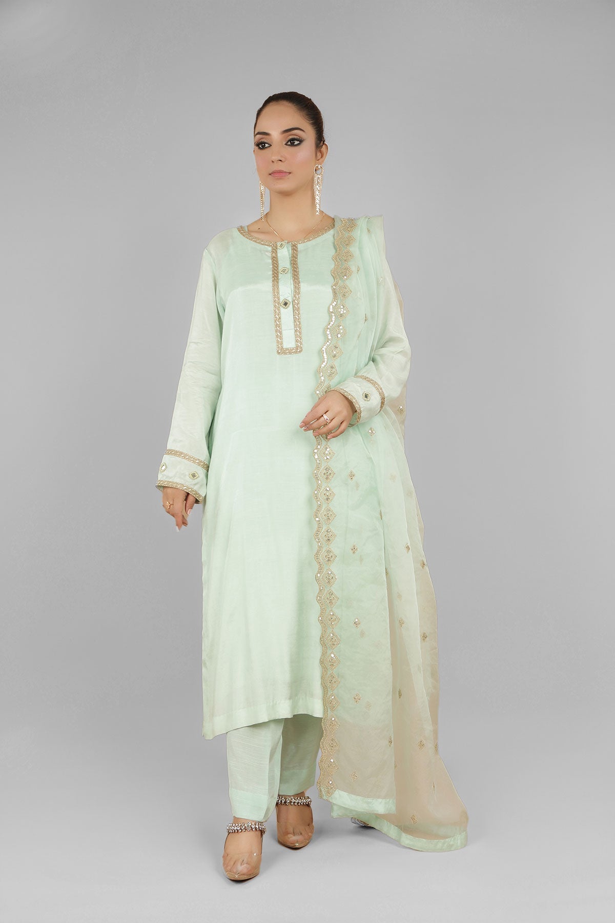 Mint Green 3-Piece Set with Gotah and Mirror Work, Organza Dupatta. - Open Market Pakistan