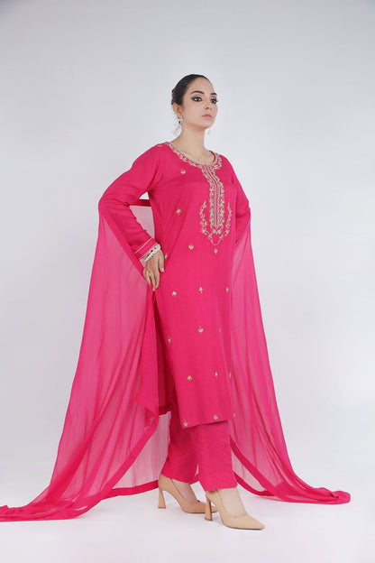 Hot Pink Embroidered 3-Piece Dress with Chiffon Dupatta. - Open Market Pakistan