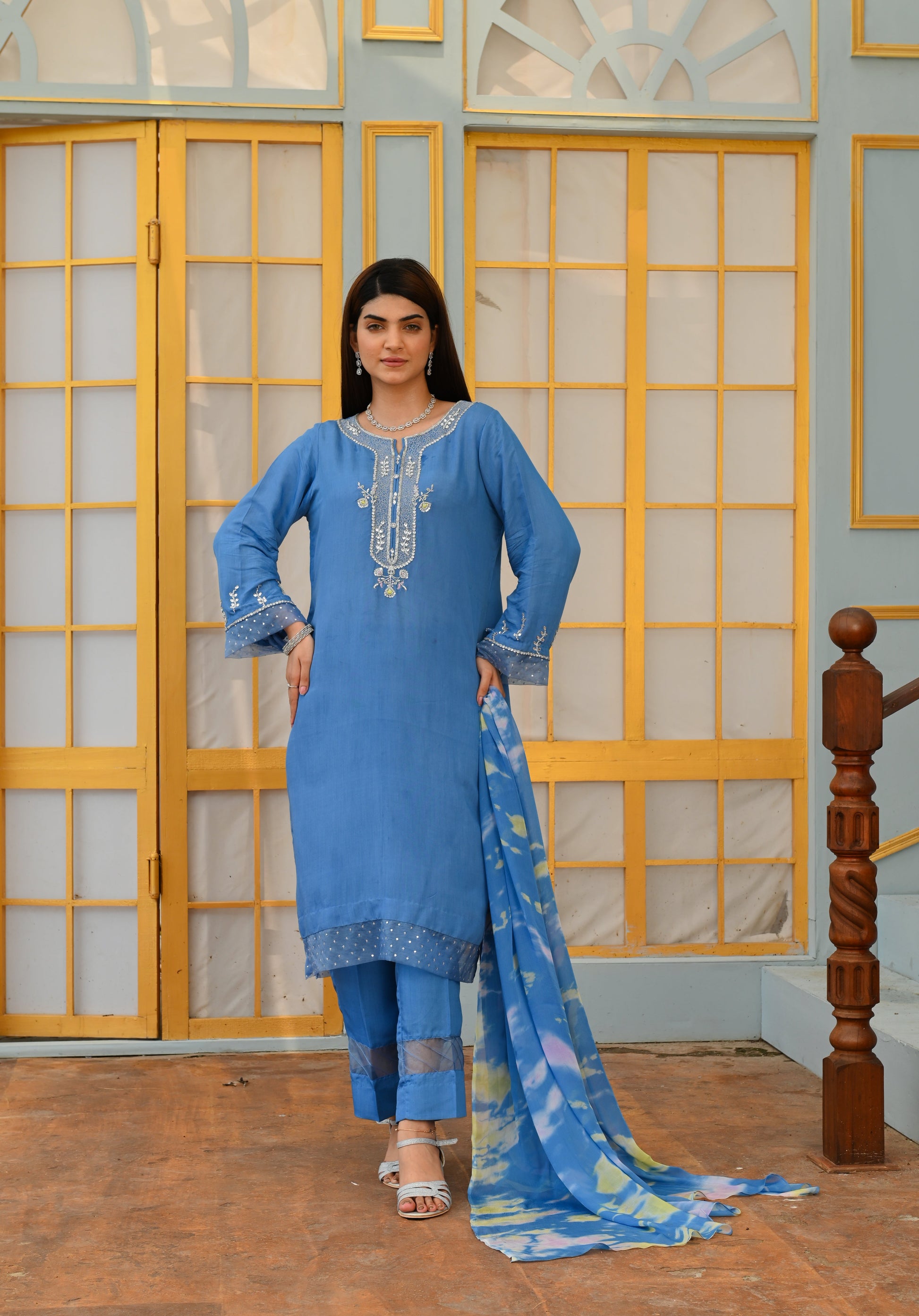 Blue Silk Shirt with Silver Zardozi and Pearls, Matching Silk Pants, and Chiffon Dupatta - Open Market Pakistan