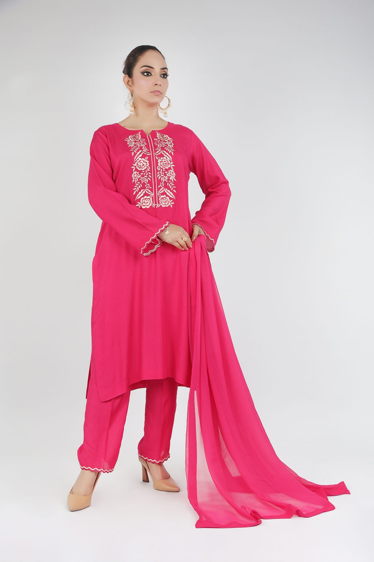 Embroidered 3-Piece Set with Chiffon Dupatta and Matching Trouser - Open Market Pakistan