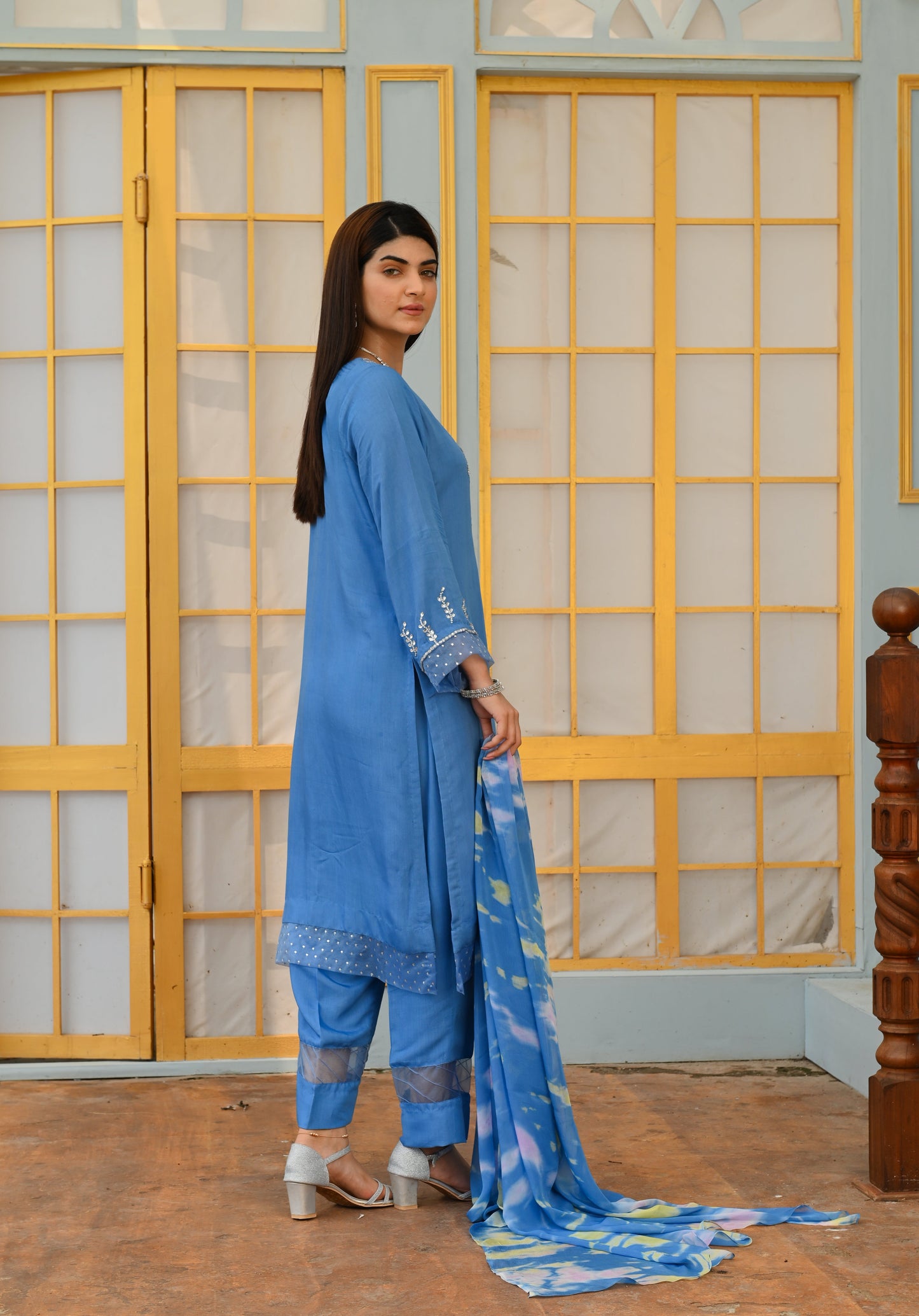 Blue Silk Shirt with Silver Zardozi and Pearls, Matching Silk Pants, and Chiffon Dupatta - Open Market Pakistan