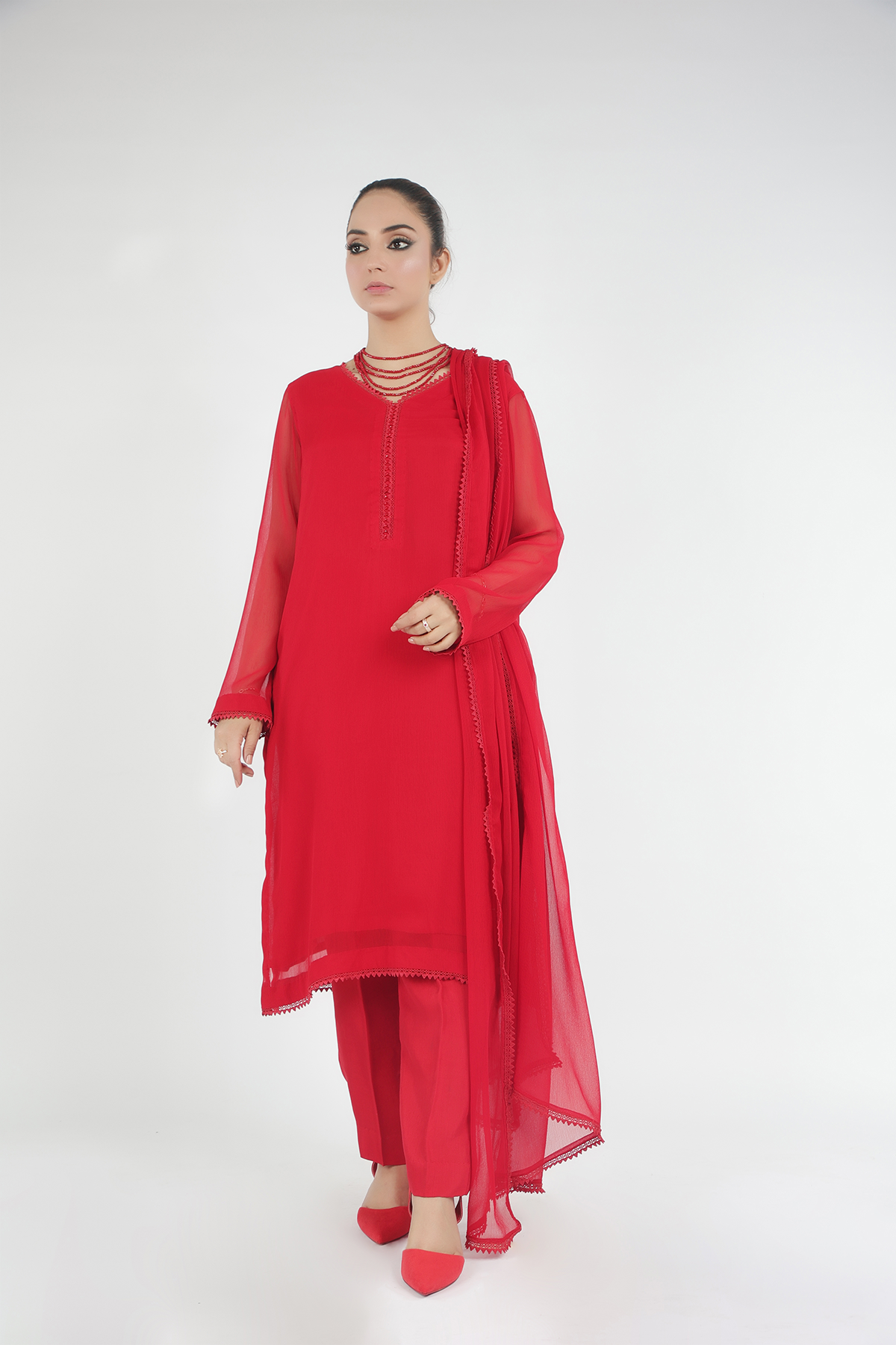 Red Chiffon 3-Piece Dress with Lace Details  and Matching Dupatta. - Open Market Pakistan