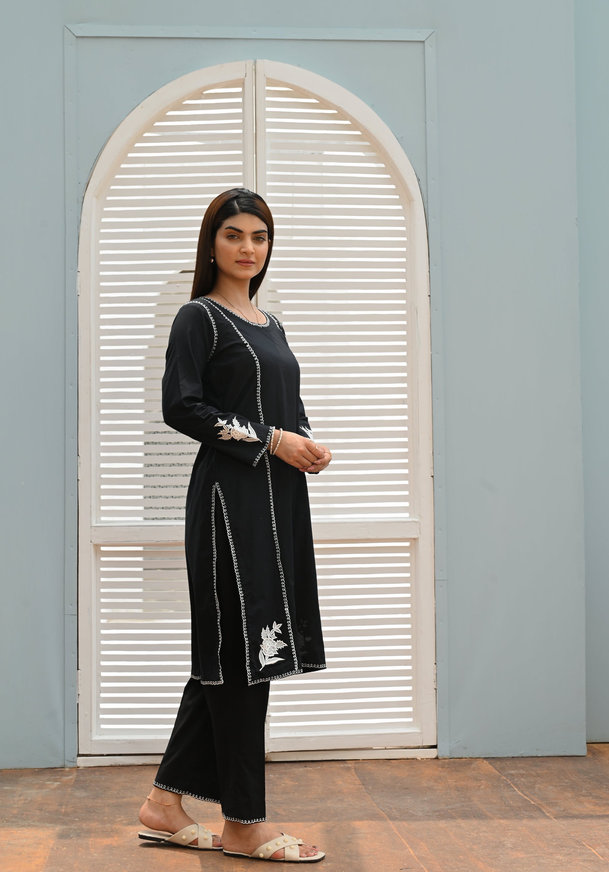 Premium Cotton Kurta with Floral Embroidery and Matching Trouser - Open Market Pakistan