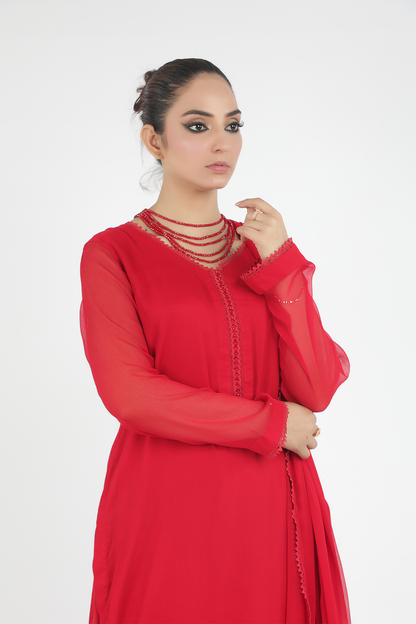 Red Chiffon 3-Piece Dress with Lace Details  and Matching Dupatta. - Open Market Pakistan