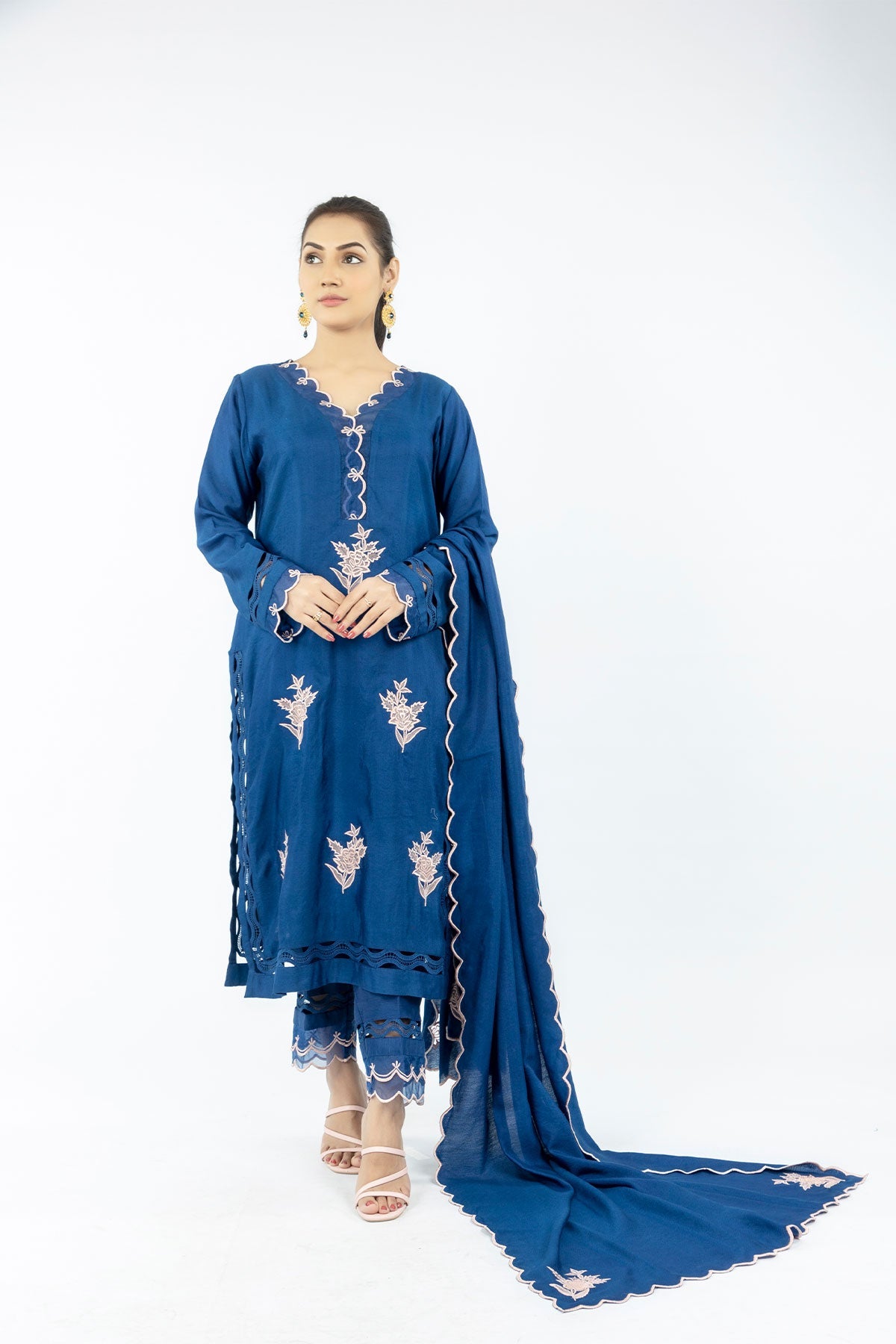 Rose Embroidered Cotton Net 3-Piece Dress with Cutwork Dupatta. - Open Market Pakistan