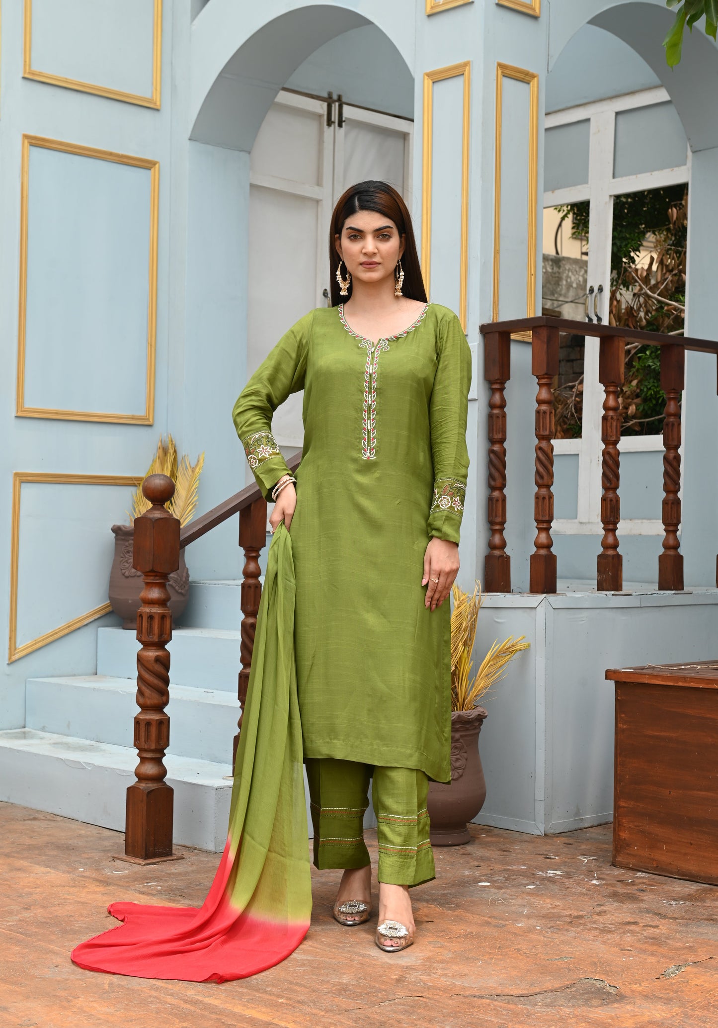 Green Dress with White and Red Embroidery, Matching Trouser, and Two-Tone Chiffon Dupatta - Open Market Pakistan