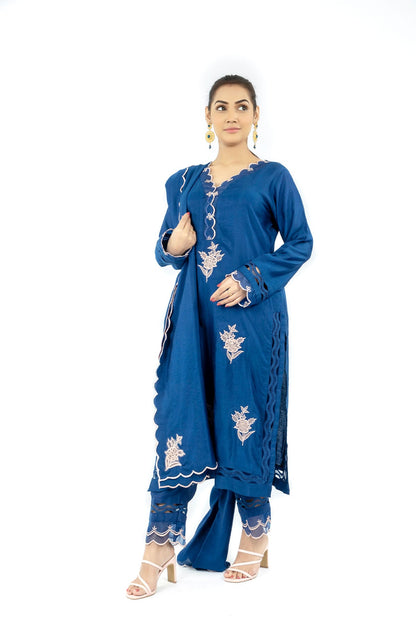 Rose Embroidered Cotton Net 3-Piece Dress with Cutwork Dupatta. - Open Market Pakistan