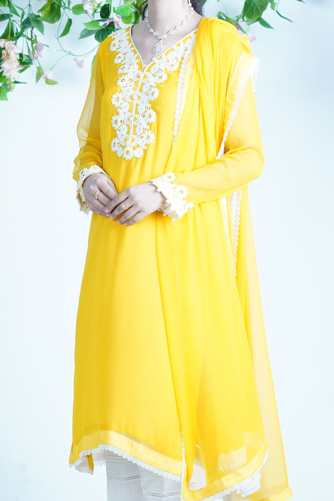 Elegant Chiffon 3-Piece Set with Laced Neckline, Pearls,  and Raw Silk Pants - Open Market Pakistan