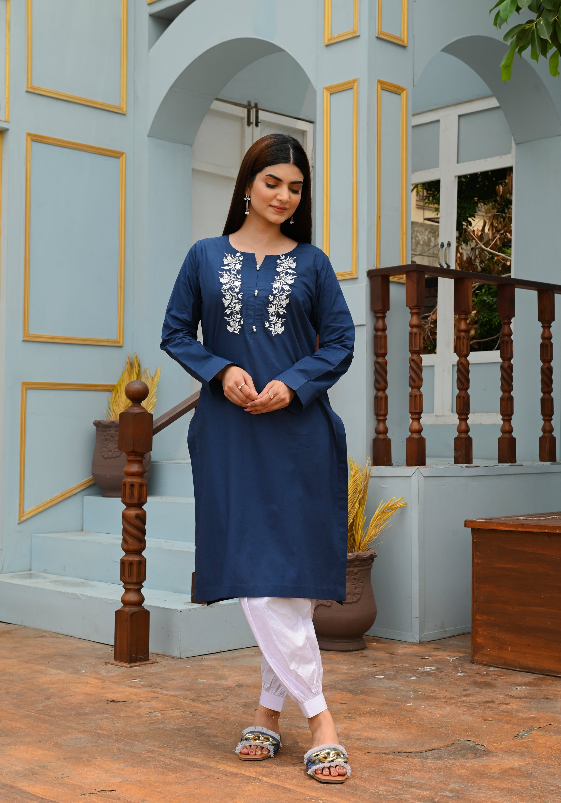 Premium Cotton One-Piece with Bold Embroidery Contrast - Open Market Pakistan