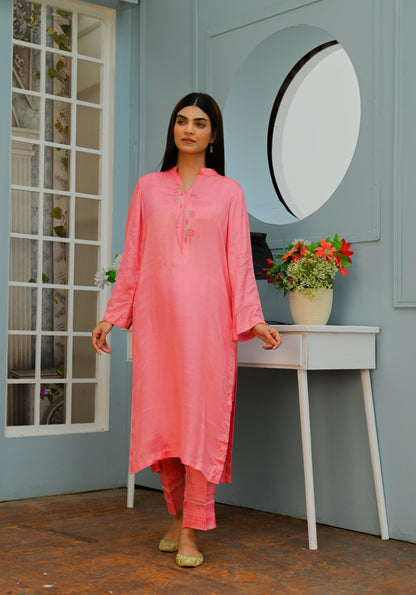 Soft Peach Two-Piece Dress with Embroidered Neckline and Sleeves - Open Market Pakistan