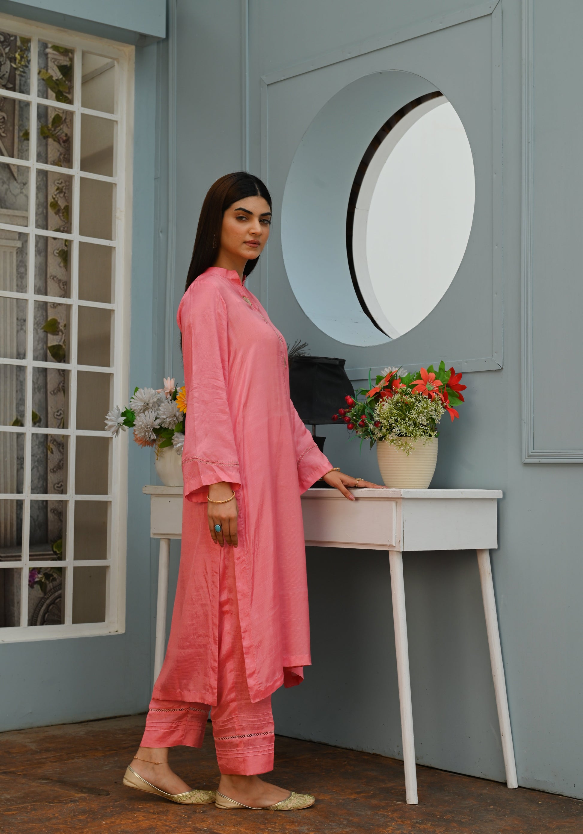 Soft Peach Two-Piece Dress with Embroidered Neckline and Sleeves - Open Market Pakistan