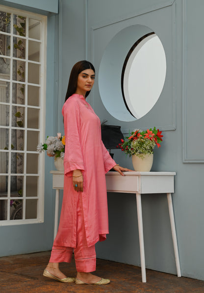 Soft Peach Two-Piece Dress with Embroidered Neckline and Sleeves - Open Market Pakistan