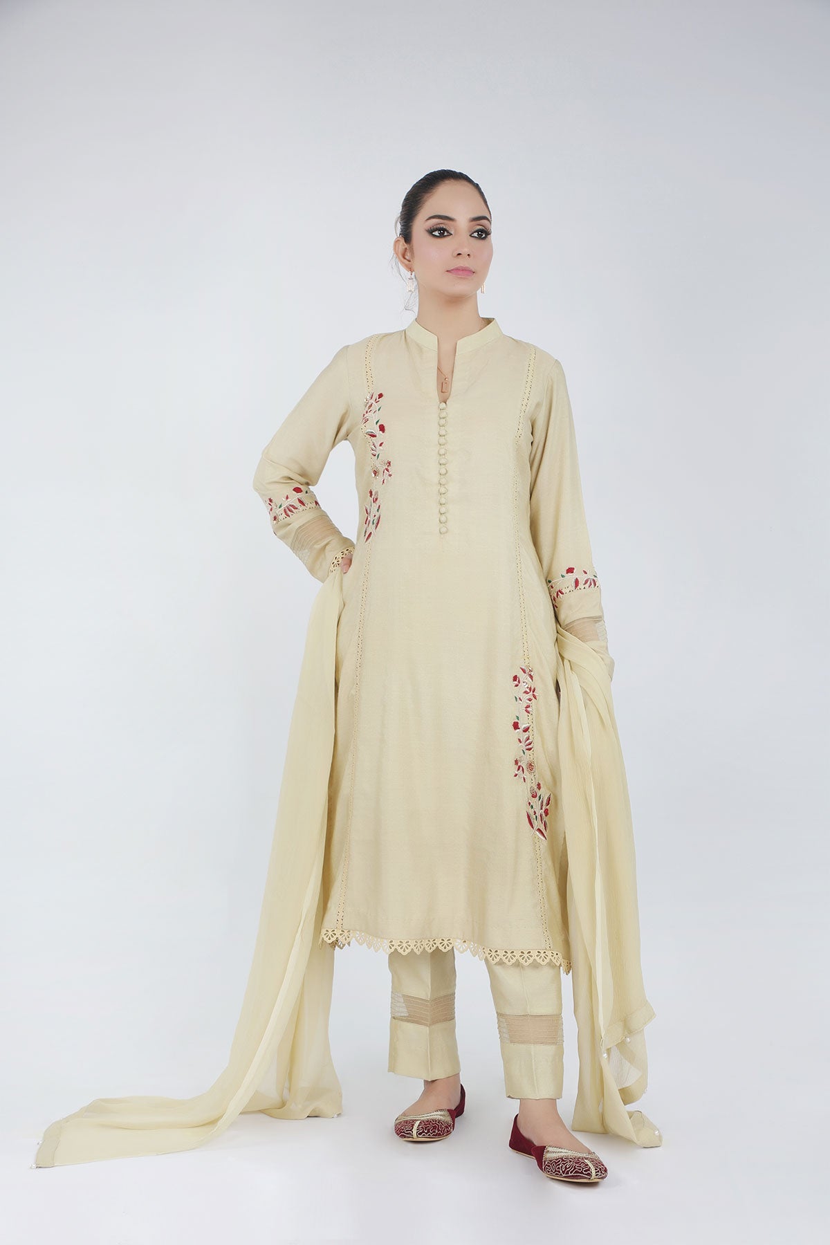 Rose Embroidered Cotton Net 3-Piece Dress with Organza and Sequins - Open Market Pakistan