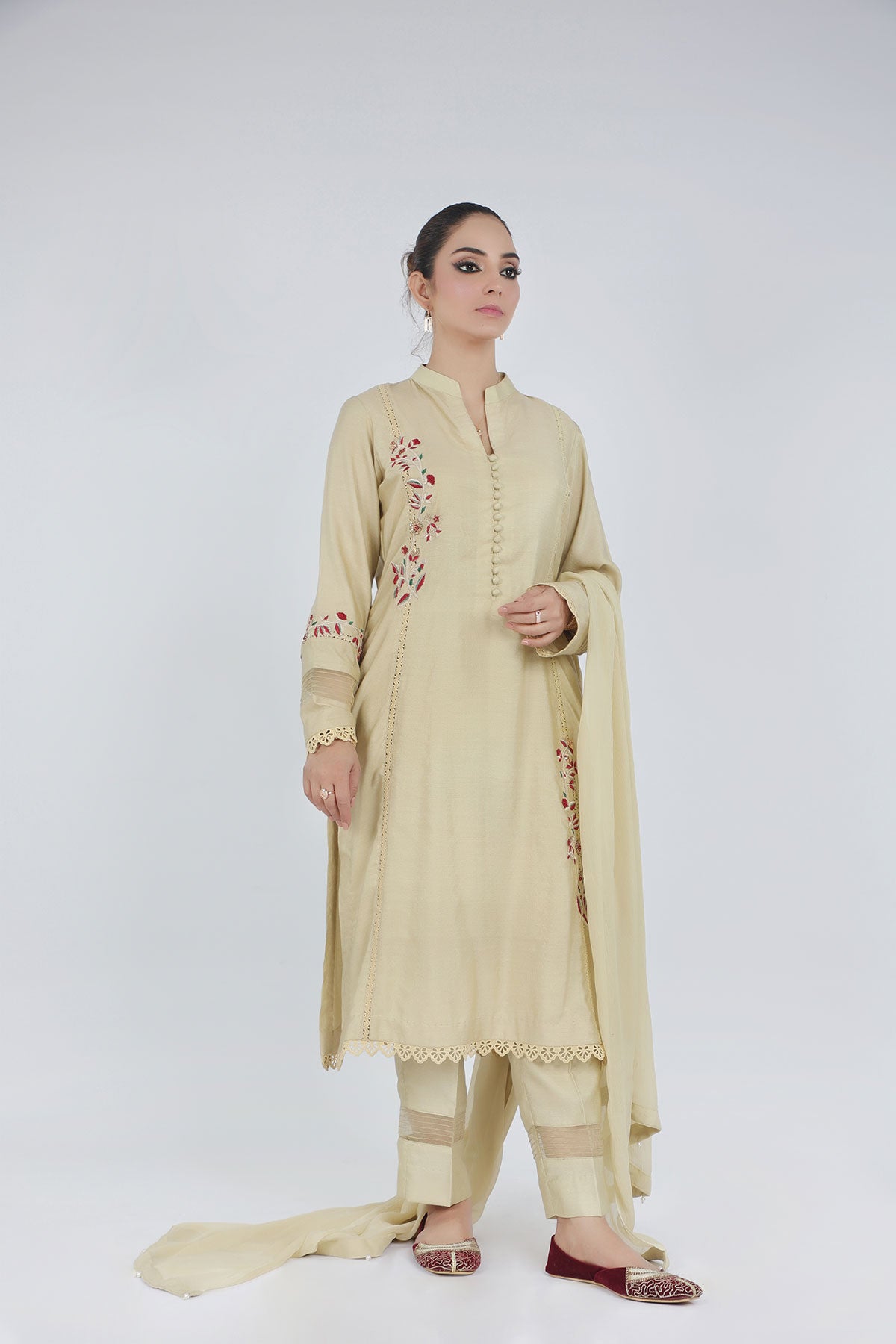 Rose Embroidered Cotton Net 3-Piece Dress with Organza and Sequins - Open Market Pakistan