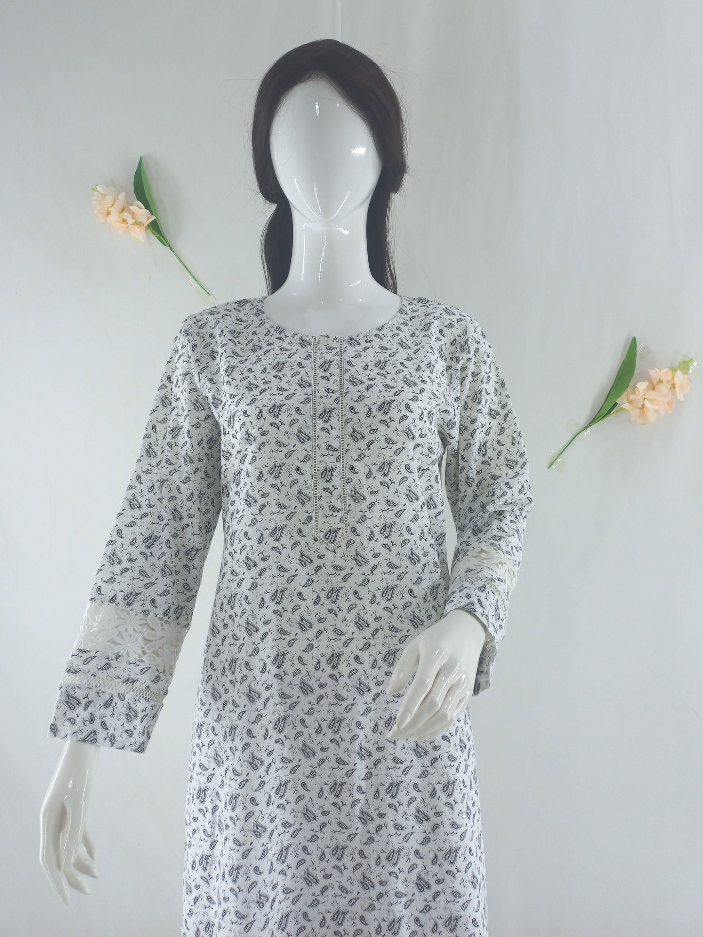 White Black Pasely High-Quality Shirt with Lace and Organza Detailing - Open Market Pakistan