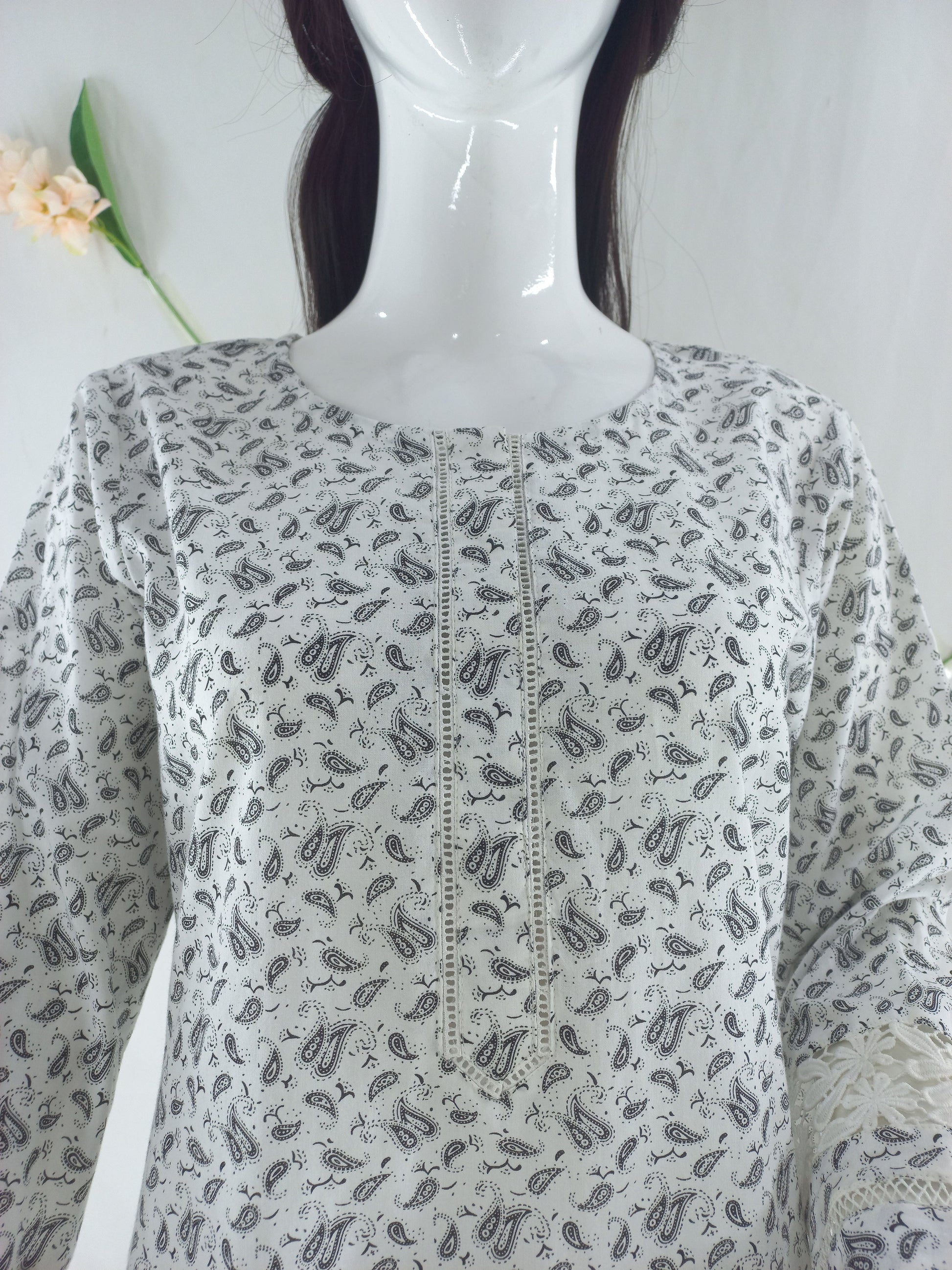 White Black Pasely High-Quality Shirt with Lace and Organza Detailing - Open Market Pakistan