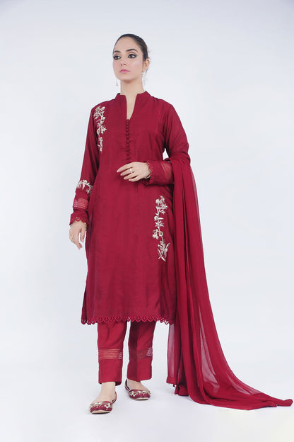 Rose Embroidered Cotton Net 3-Piece Dress with Organza and Sequins - Open Market Pakistan