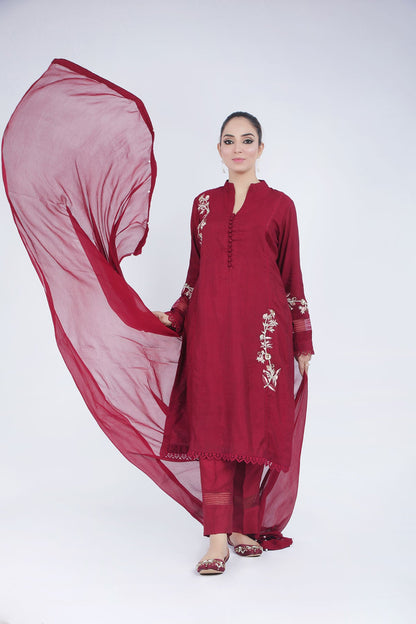 Rose Embroidered Cotton Net 3-Piece Dress with Organza and Sequins - Open Market Pakistan