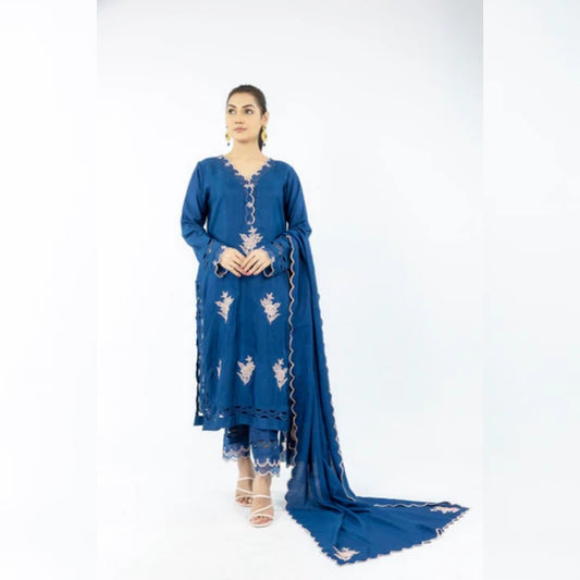 Rose Embroidered Cotton Net 3-Piece Dress with Cutwork Dupatta.