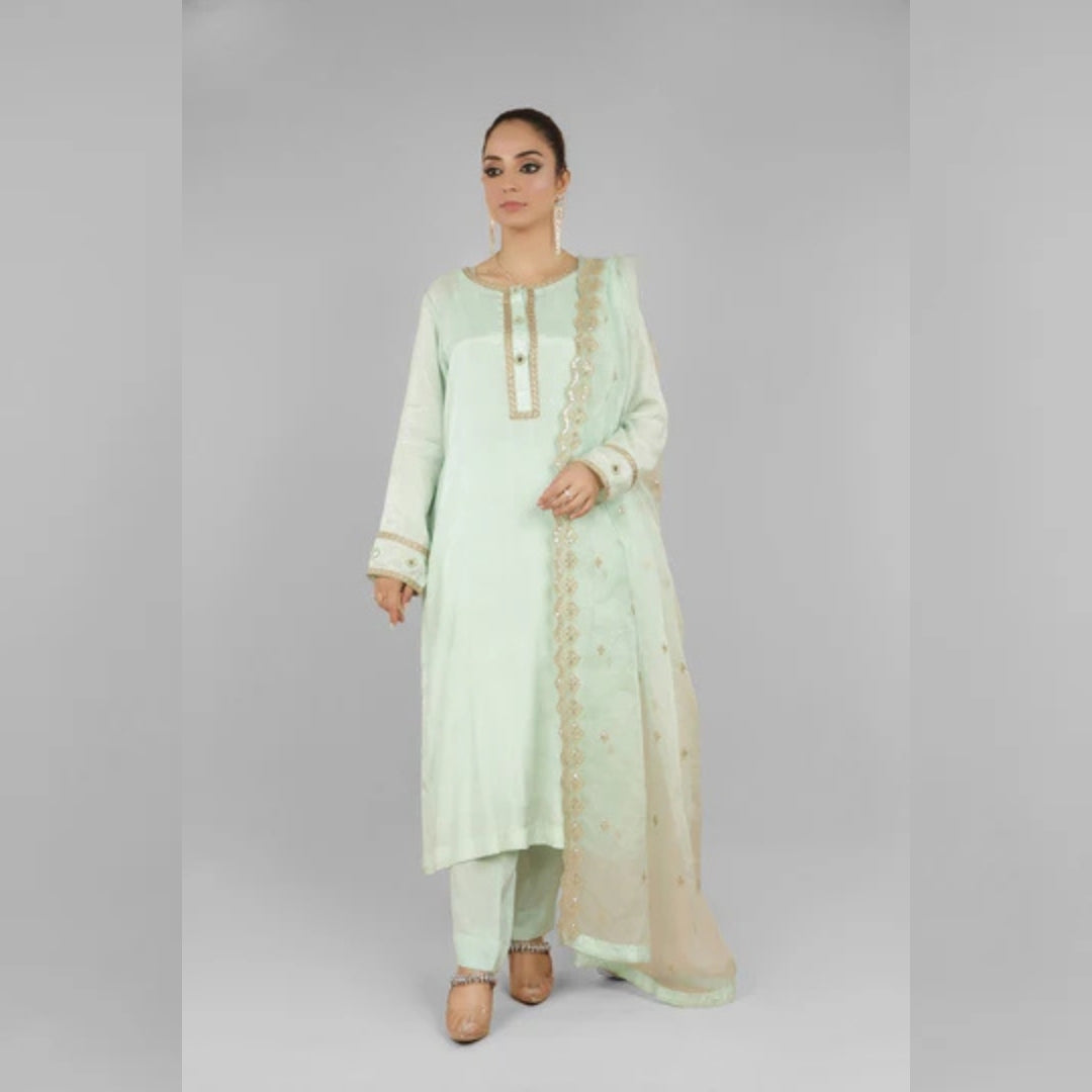 Mint Green 3-Piece Set with Gotah and Mirror Work, Organza Dupatta. - Open Market Pakistan