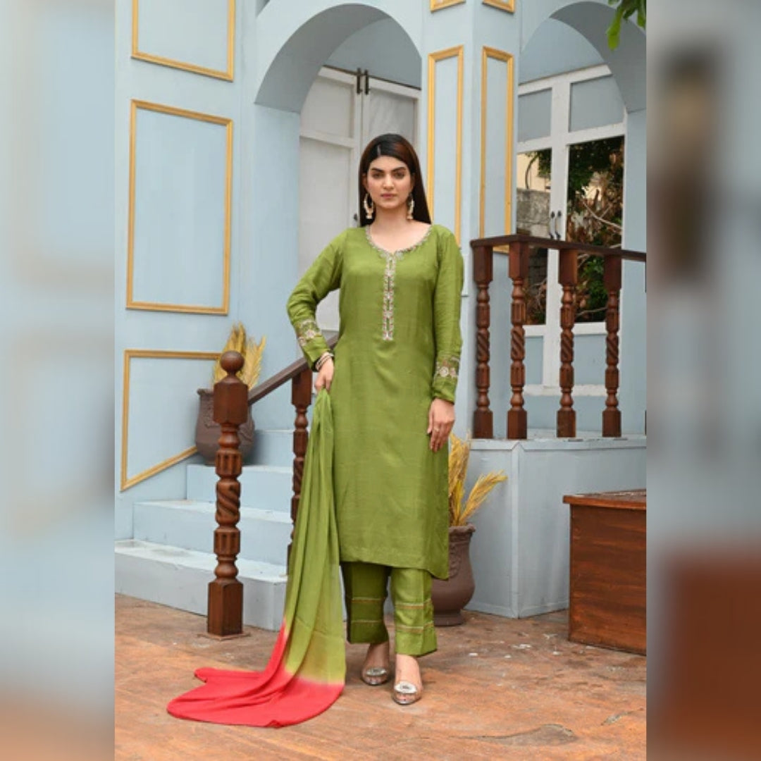 Green Dress with White and Red Embroidery, Matching Trouser, and Two-Tone Chiffon Dupatta - Open Market Pakistan