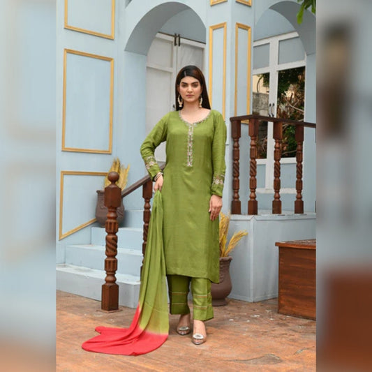 Green Dress with White and Red Embroidery, Matching Trouser, and Two-Tone Chiffon Dupatta