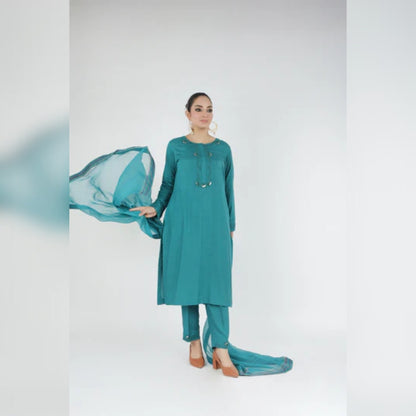 Mirror-Designed 3-Piece Set with Chiffon Dupatta - Open Market Pakistan