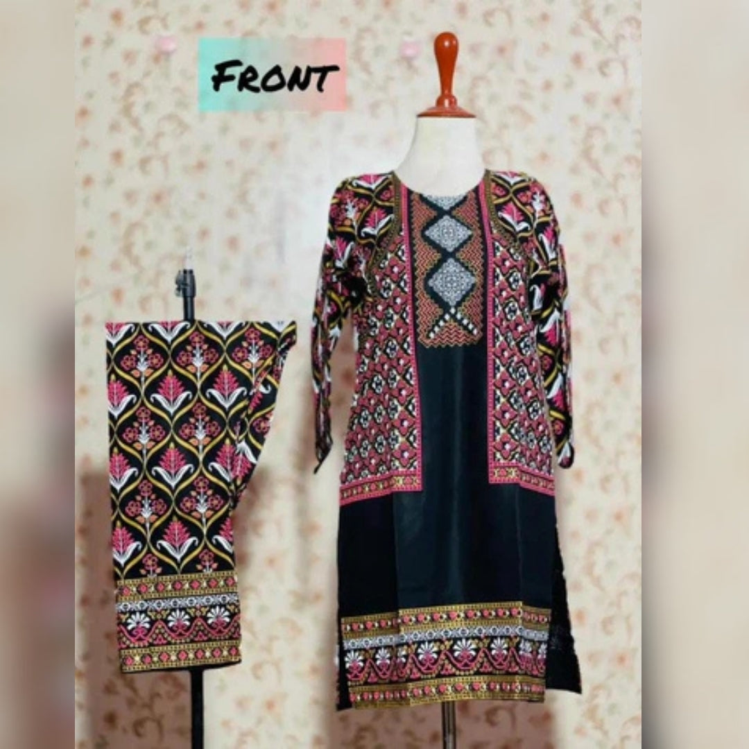 Jacket Print Summer Arabic Lenin 2 Pcs Stitched Suit For Women’s And Girls. - Open Market Pakistan