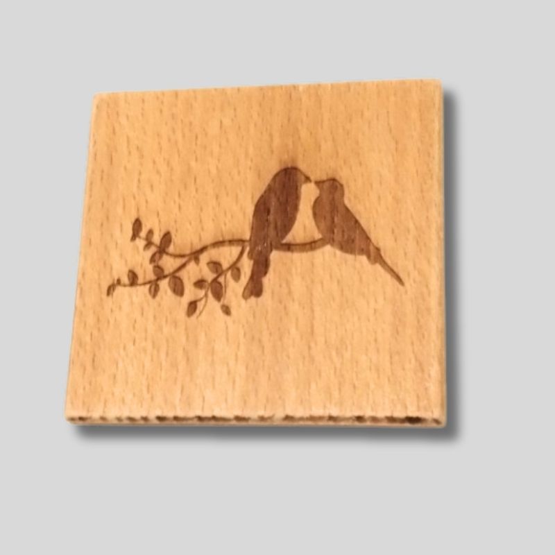 Imported Solid Beechwood Cup Coaster Engraved with Love Birds(set of 6 pieces)