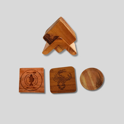 Handcrafted Imported Solid Beechwood Cup Coaster Engraved with different design(mixed 6 pieces) - Open Market Pakistan