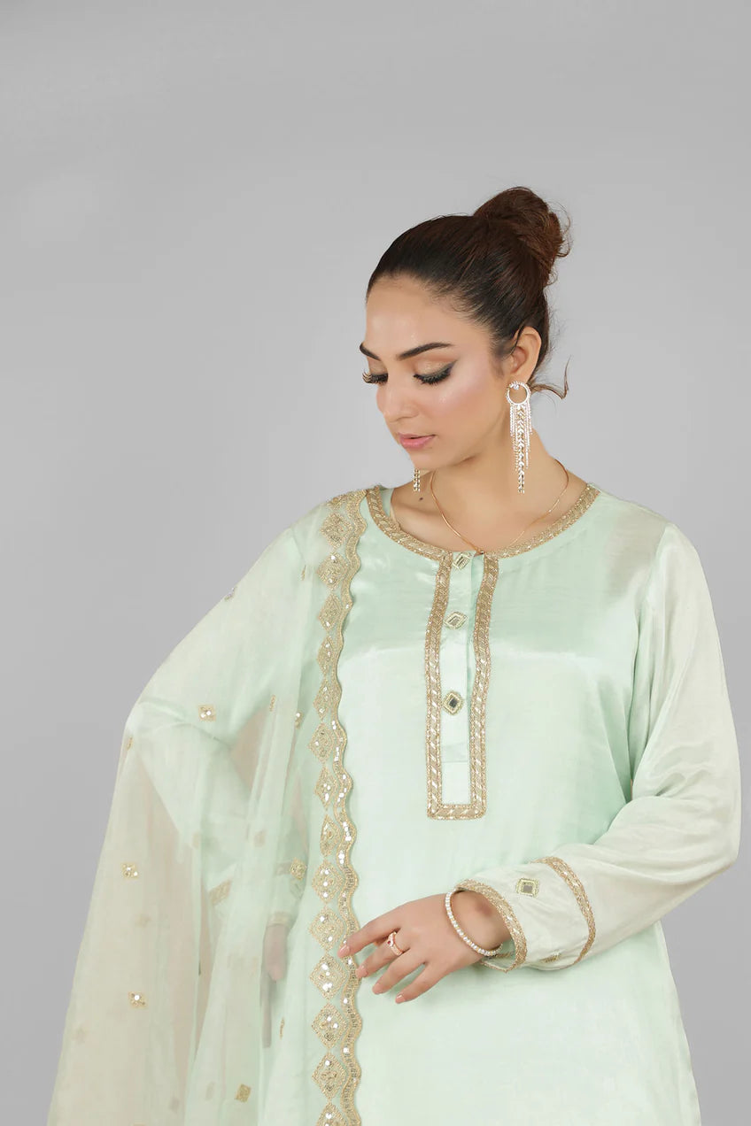 Mint Green 3-Piece Set with Gotah and Mirror Work, Organza Dupatta. - Open Market Pakistan