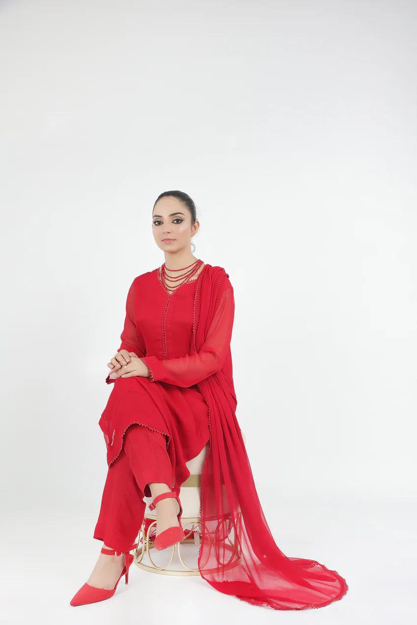 Red Chiffon 3-Piece Dress with Lace Details  and Matching Dupatta. - Open Market Pakistan