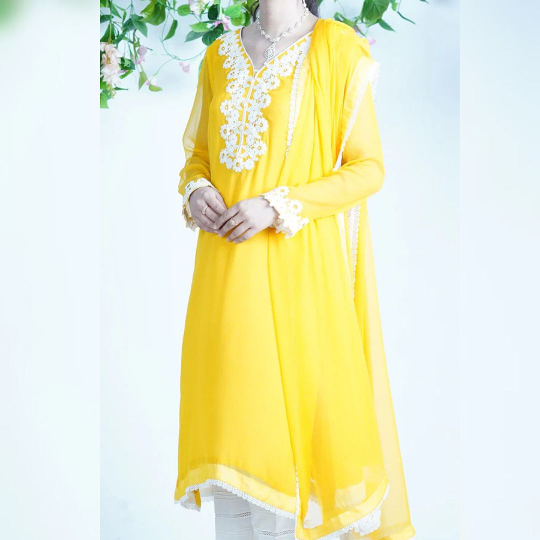 Elegant Chiffon 3-Piece Set with Laced Neckline, Pearls,  and Raw Silk Pants - Open Market Pakistan