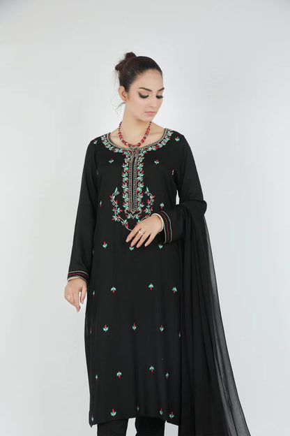 Elegant Black Embroidered 3-Piece Set with Chiffon Dupatta. - Open Market Pakistan