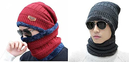 Winter Cap And Neck Elastic Knitting Thick Fleece Warm Woolen Beanie Cap Sport Hat & Neck Scarf Set 2 Piece(random Colors) - Open Market Pakistan