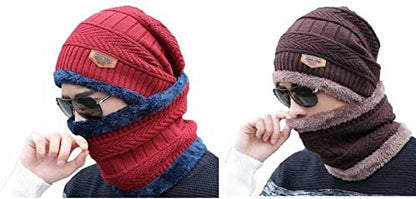 Winter Cap And Neck Elastic Knitting Thick Fleece Warm Woolen Beanie Cap Sport Hat & Neck Scarf Set 2 Piece(random Colors) - Open Market Pakistan