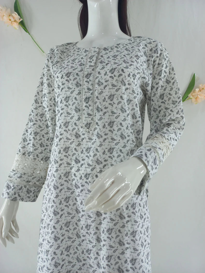 White Black Pasely High-Quality Shirt with Lace and Organza Detailing - Open Market Pakistan