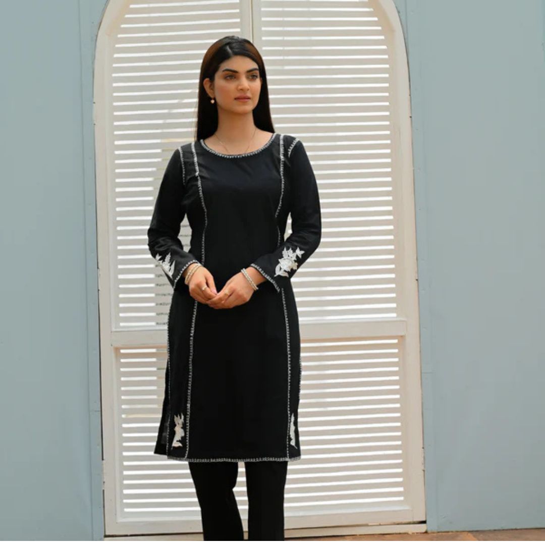 Premium Cotton Kurta with Floral Embroidery and Matching Trouser - Open Market Pakistan