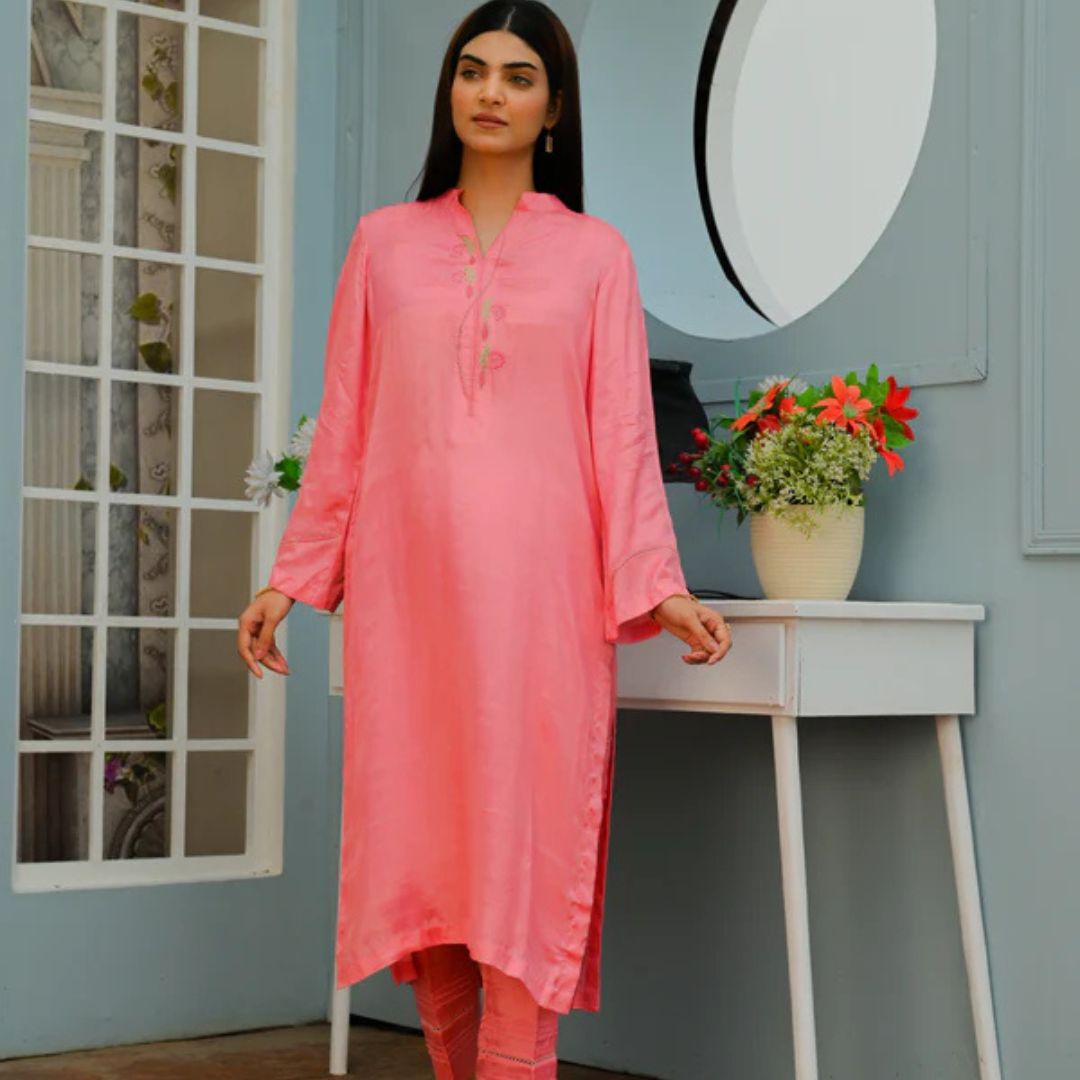 Soft Peach Two-Piece Dress with Embroidered Neckline and Sleeves - Open Market Pakistan